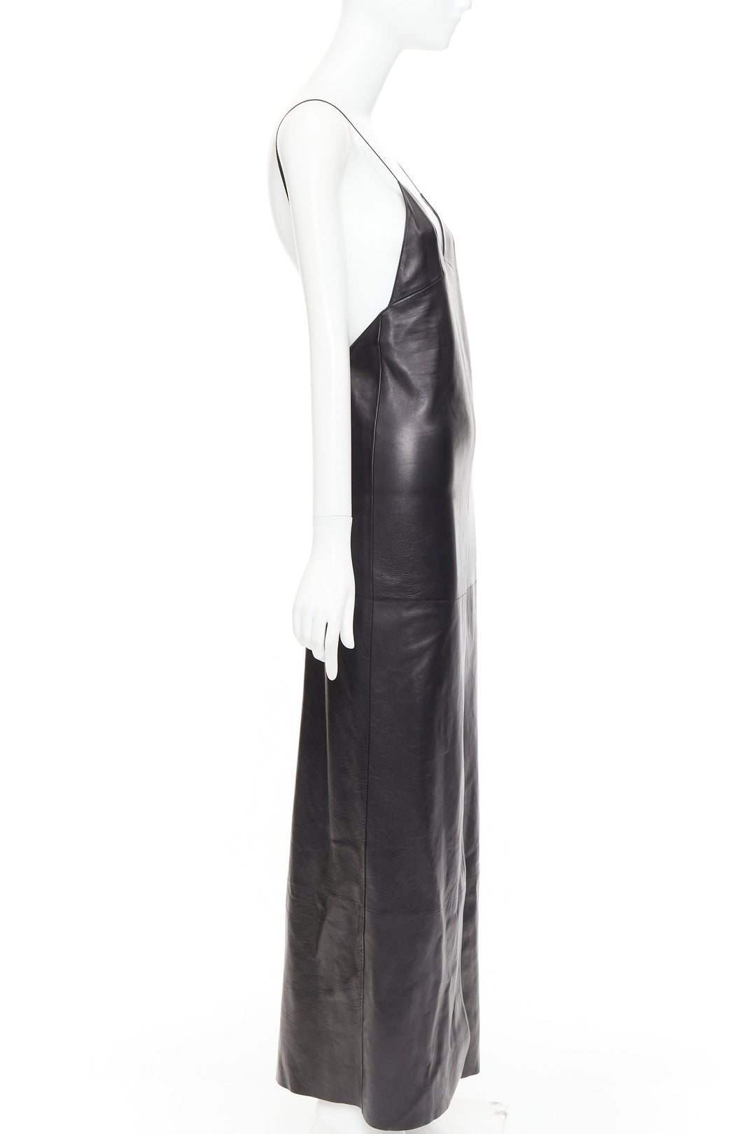 SAINT LAURENT 2024 black lambskin plunge low cut back slit slip gown FR34 XS