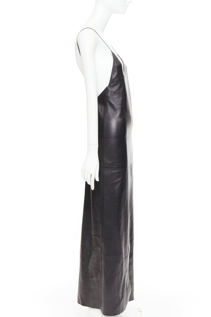 SAINT LAURENT 2024 black lambskin plunge low cut back slit slip gown FR34 XS