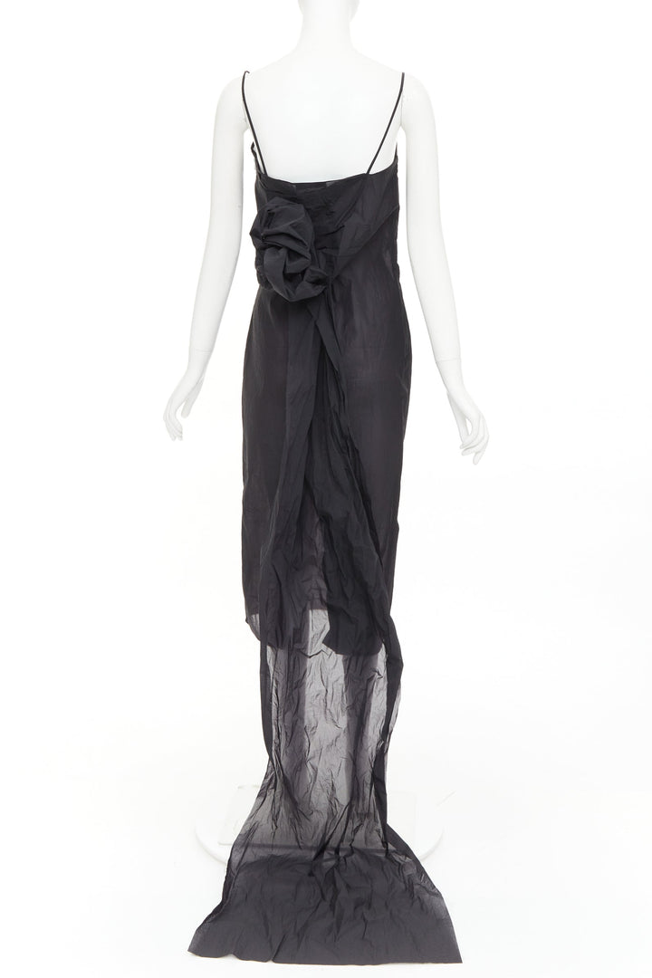 PRADA 2023 Runway black crinkled Re-Nylon crepe rosette draped slip gown IT38 XS