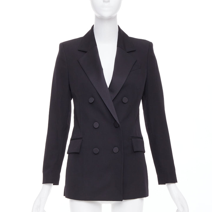 RACIL Hatanaka black wool pique satin trim double breasted tuxedo blazer FR34 XS
