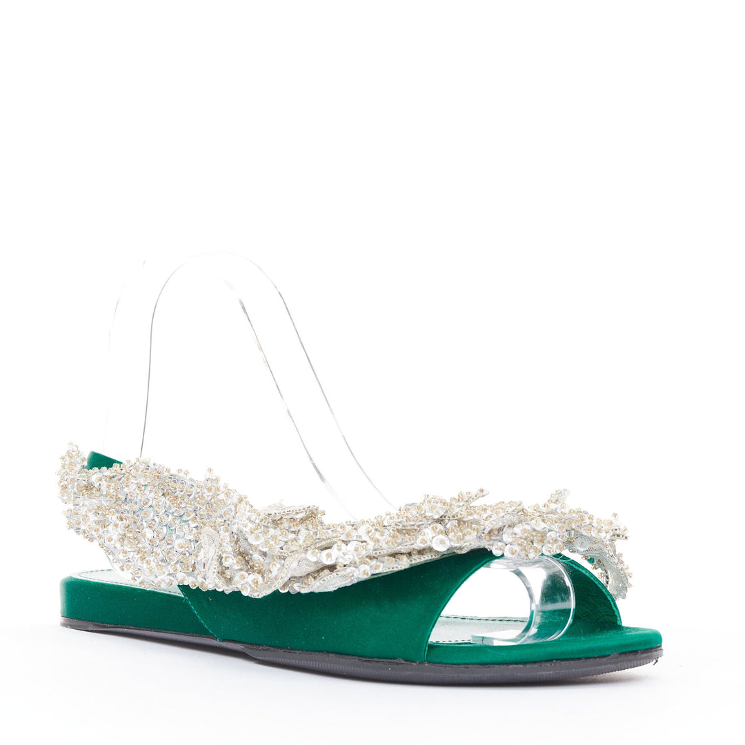 BALENCIAGA 2017 Tess emerald green satin silver sequin open toe flat sandal EU37
