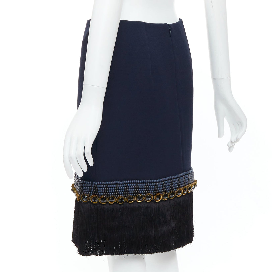 MARNI navy bead black crystal fringe embellished hem knee skirt IT38 XS