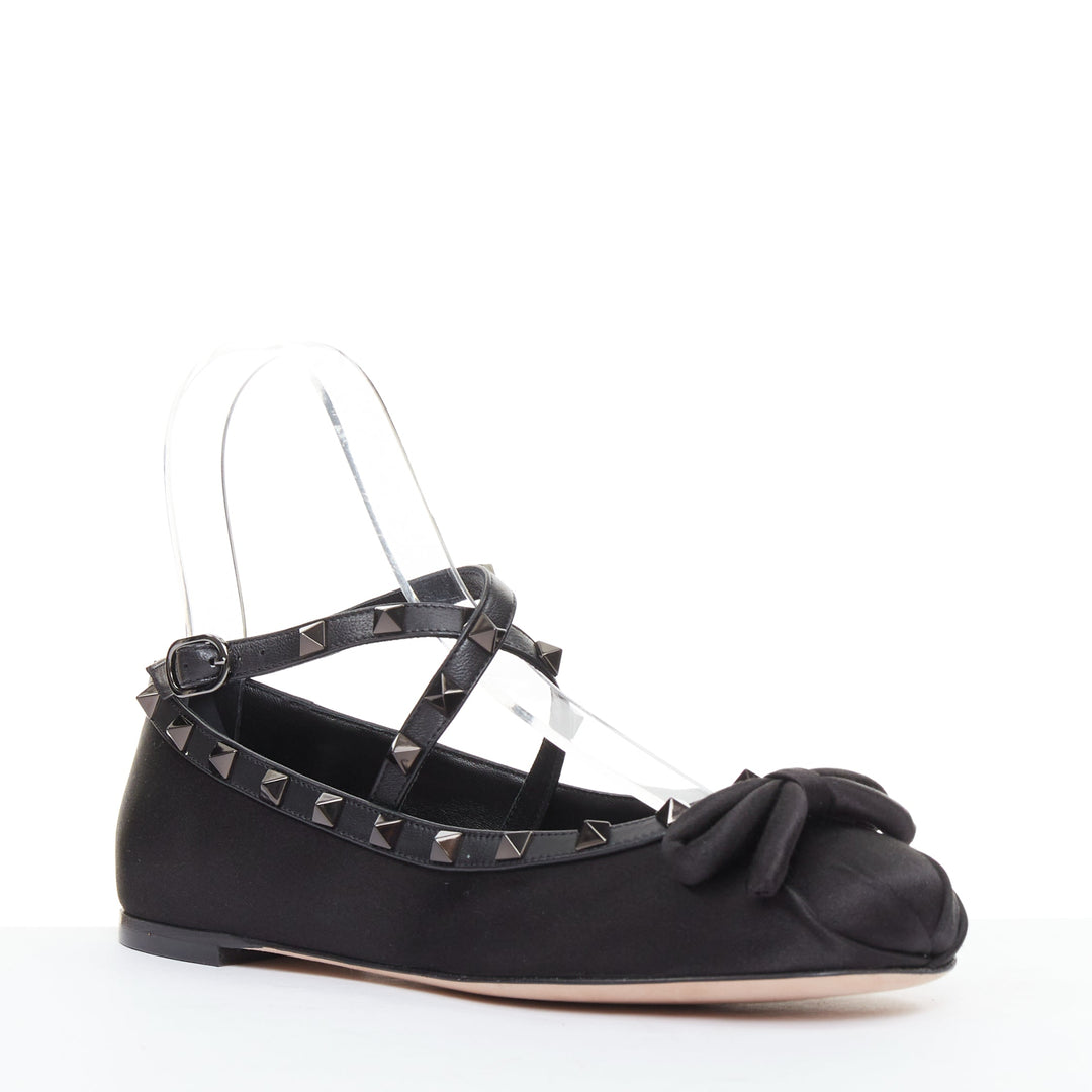 VALENTINO Rockstud nero black satin leather studded cross ballet flats EU37.5