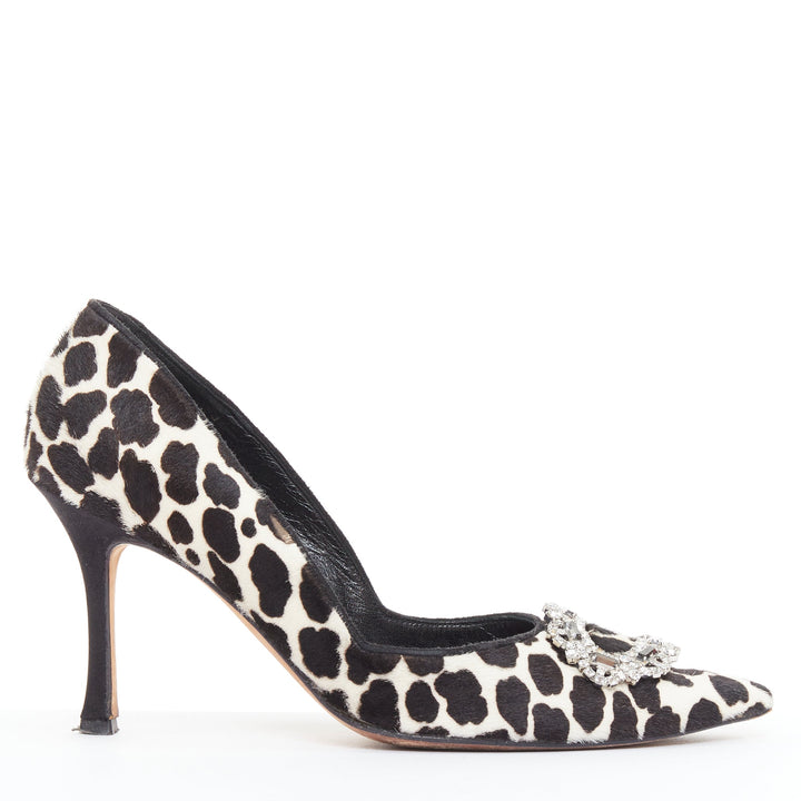 MANOLO BLAHNIK Vintage cow spot ponyhair crystal buckle pumps EU37