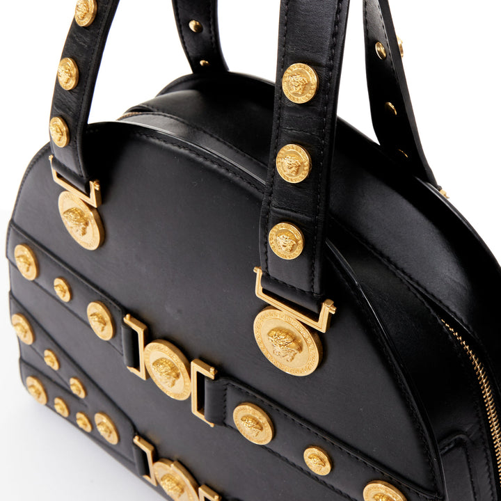 VERSACE 2018 Runway Tribute Medallion bondage black leather bowling bag