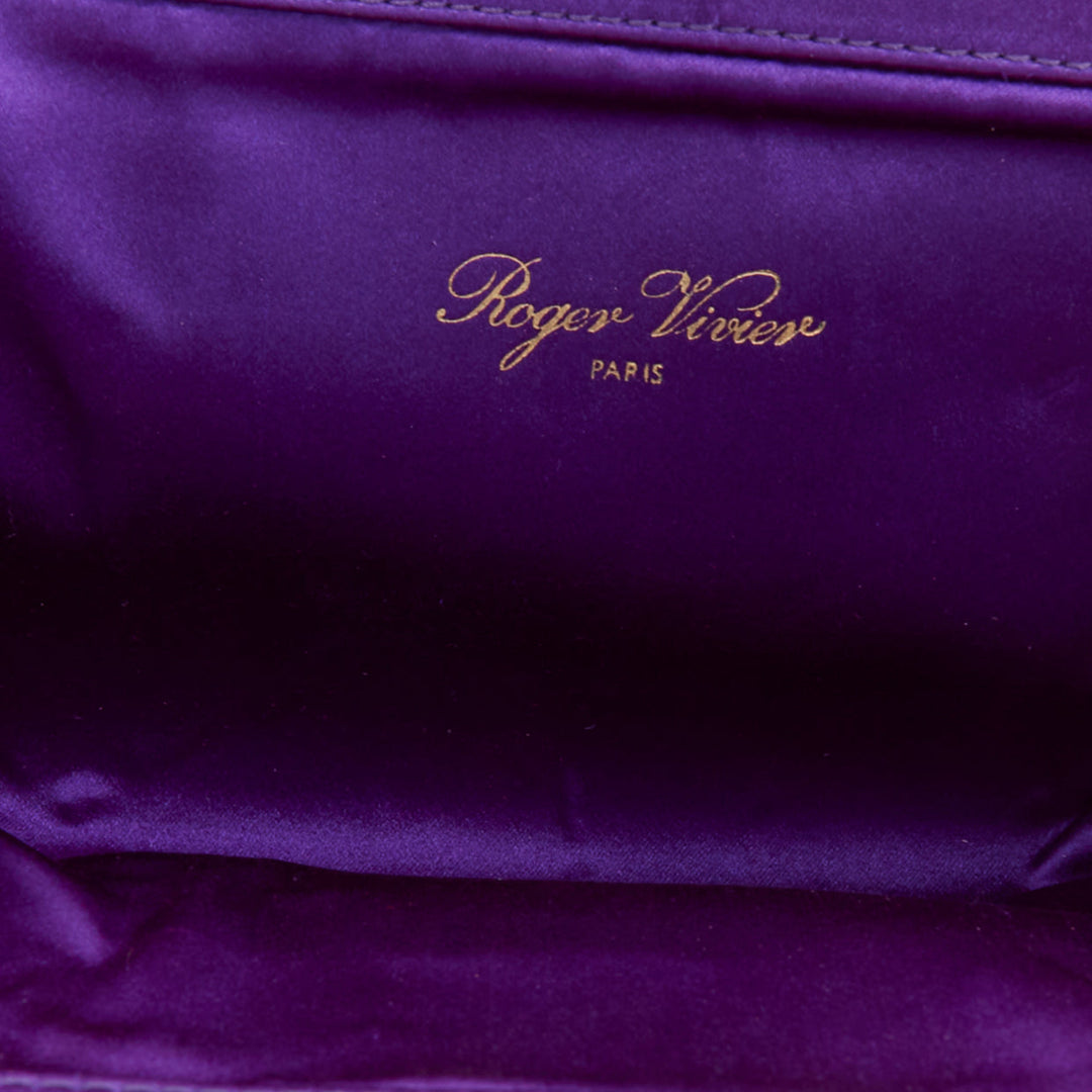 ROGER VIVIER purple satin 3D rose ruffle applique crystal buckle clutch bag