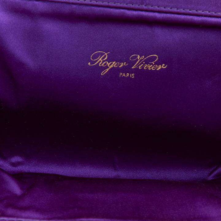 ROGER VIVIER purple satin 3D rose ruffle applique crystal buckle clutch bag