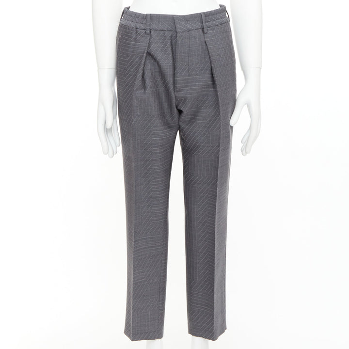 FENDI wool grey contrast stripe print pleated front cropped dress pants IT44 XS
