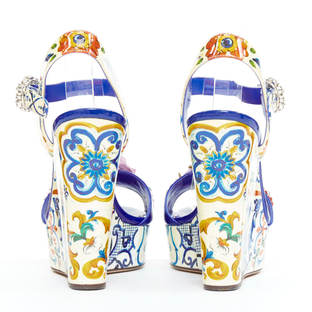 DOLCE GABBANA Bianca blue Majolica print floral embellish platform wedges EU38.5