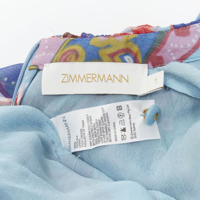 ZIMMERMANN 100% silk blue red floral print ruffle trim short dress Sz 1 S