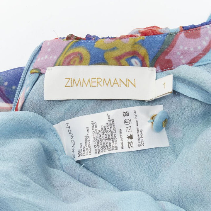 ZIMMERMANN 100% silk blue red floral print ruffle trim short dress Sz 1 S