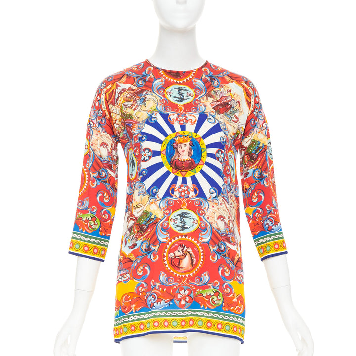 DOLCE GABBANA Sicilian Teatro Carretto red multicolor silk print tunic top IT38