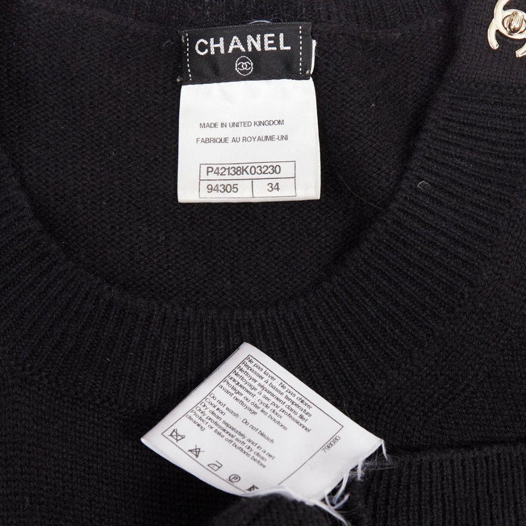 CHANEL 100% cashmere black gold CC logo turnlock shoulder sweater dress FR34 XS