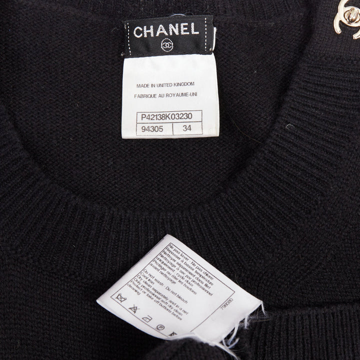 CHANEL 100% cashmere black gold CC logo turnlock shoulder sweater dress FR34 XS
