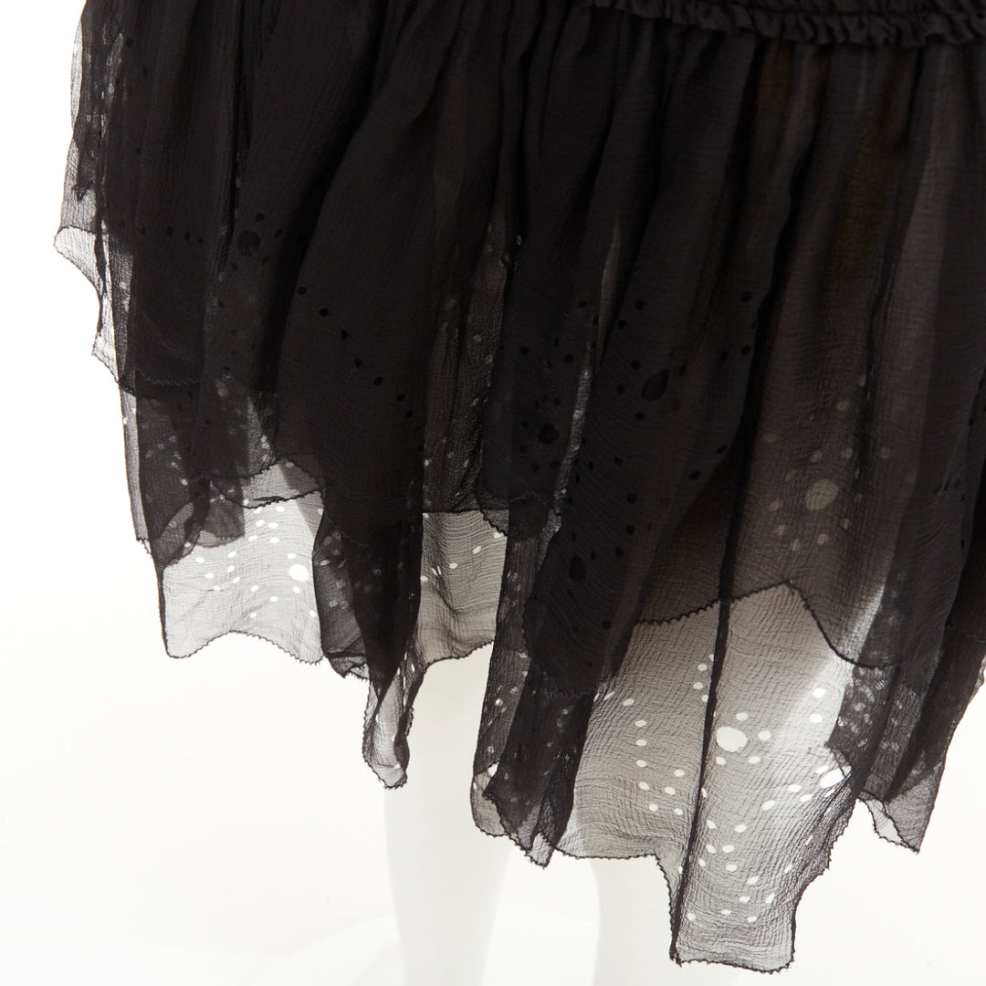 JOHN GALLIANO Gonna black 100% shirred silk laser cut holes prairie skirt FR36 S