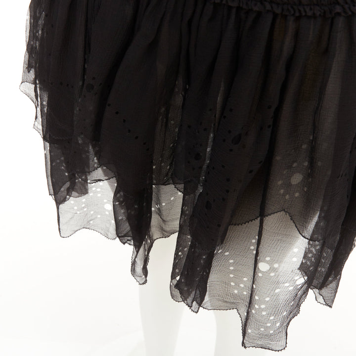 JOHN GALLIANO Gonna black 100% shirred silk laser cut holes prairie skirt FR36 S