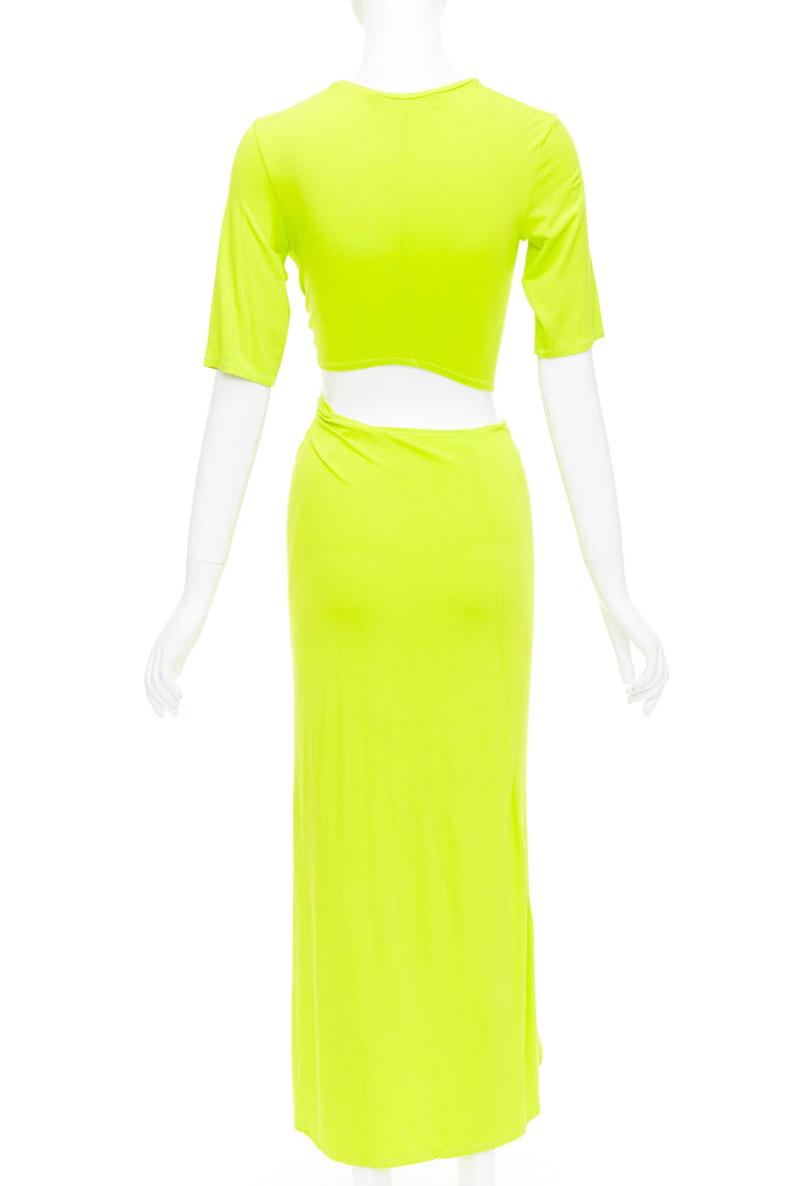 SID NEIGUM neon yellow stretch satin twist cut out draped dress XS