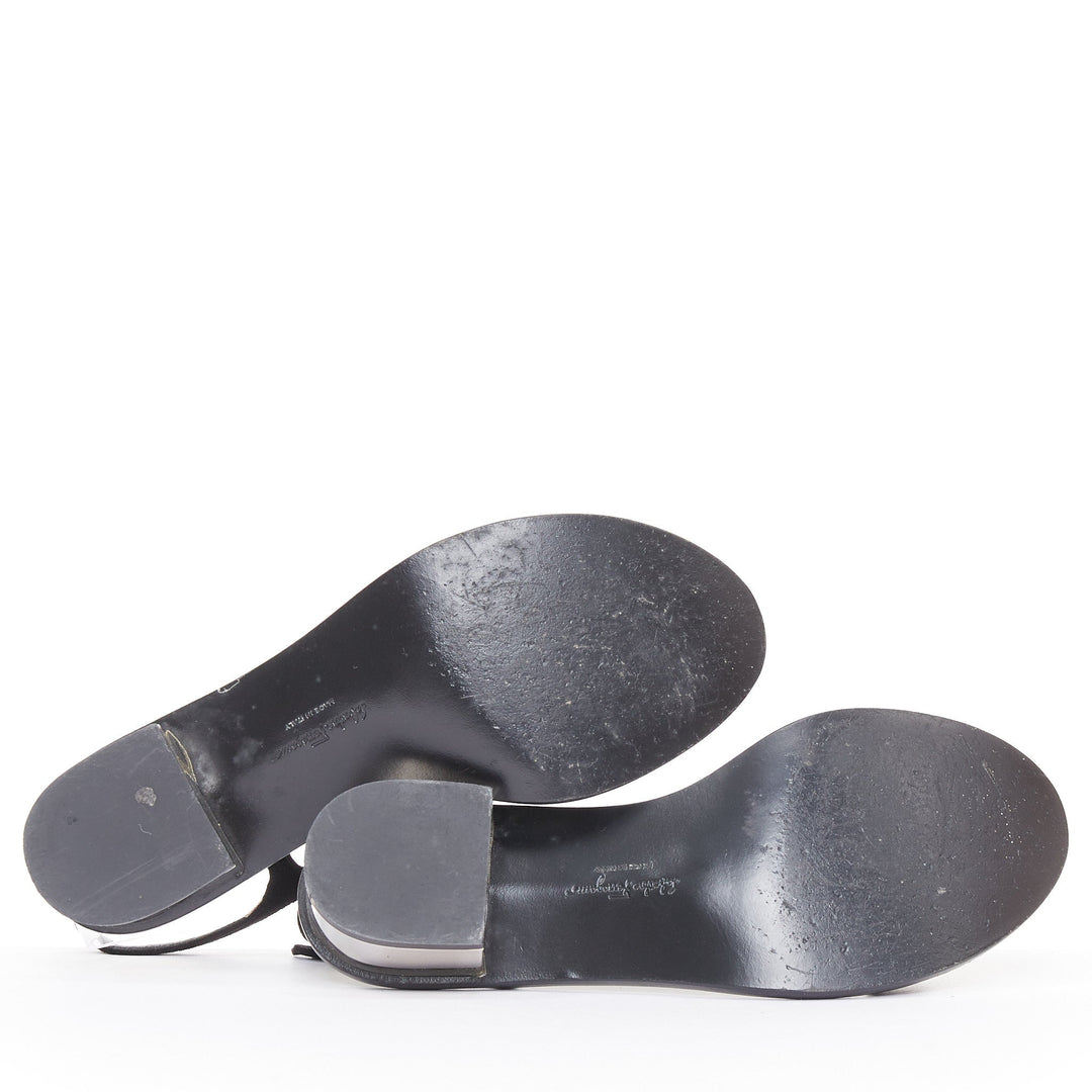 SALVATORE FERRAGAMO blue crystal black suede low block heel tstrap sandals UK6.5