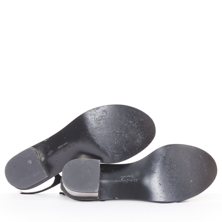 SALVATORE FERRAGAMO blue crystal black suede low block heel tstrap sandals UK6.5