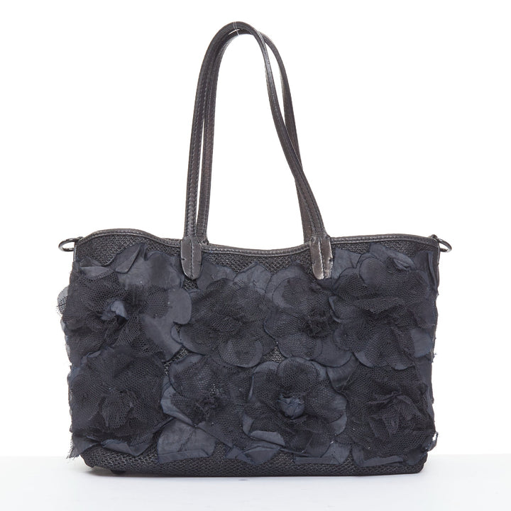 VALENTINO black fabric mesh floral lace applique leather trim crossbody tote bag