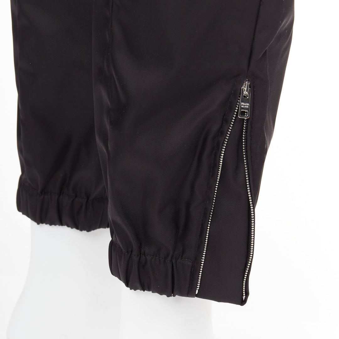 PRADA black silver logo leather plague nylon high waist tapered jogger pants