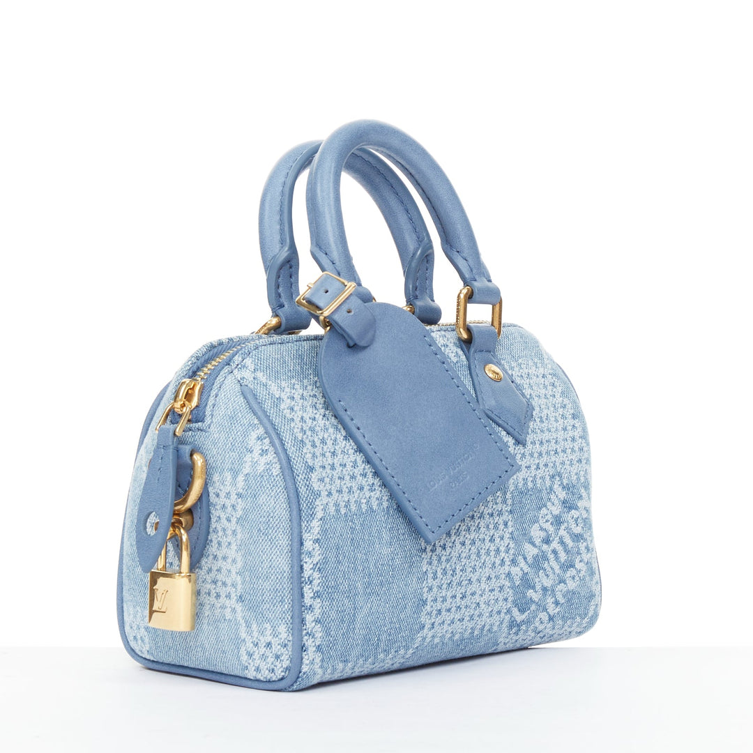 LOUIS VUITTON 2024 Speedy 18 Bandouliere blue denim Damier jacquard mini bag