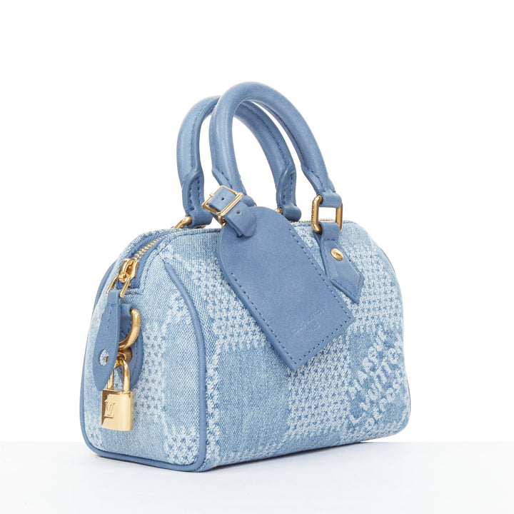 LOUIS VUITTON 2024 Speedy 18 Bandouliere blue denim Damier jacquard mini bag
