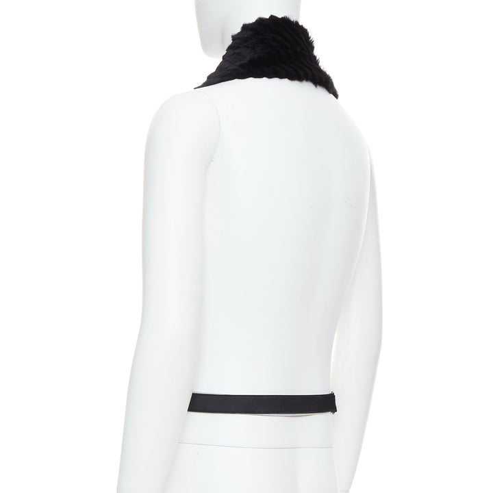 VERSACE black textured rabbit fur soft leather belt shawl scarf vest