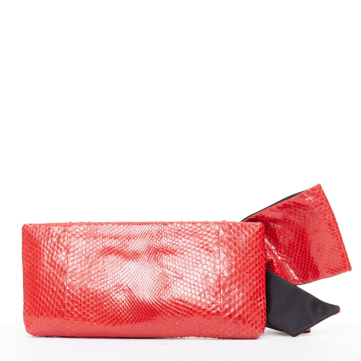 VALENTINO red glossy scaled leather oversized bow top zip evening clutch bag