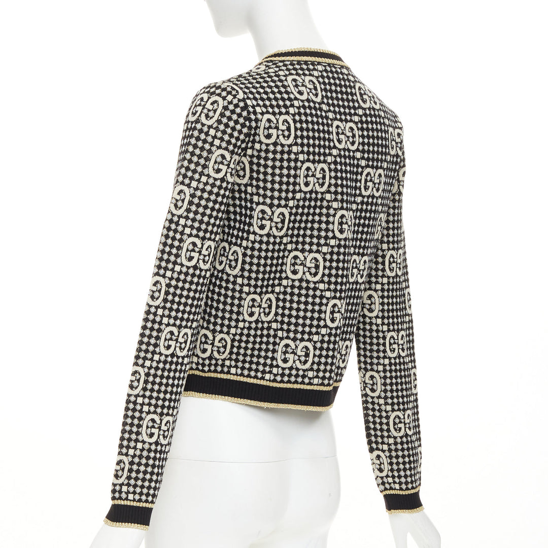 GUCCI 2019 GG Diamond black gold wool blend metallic web cropped cardigan XS