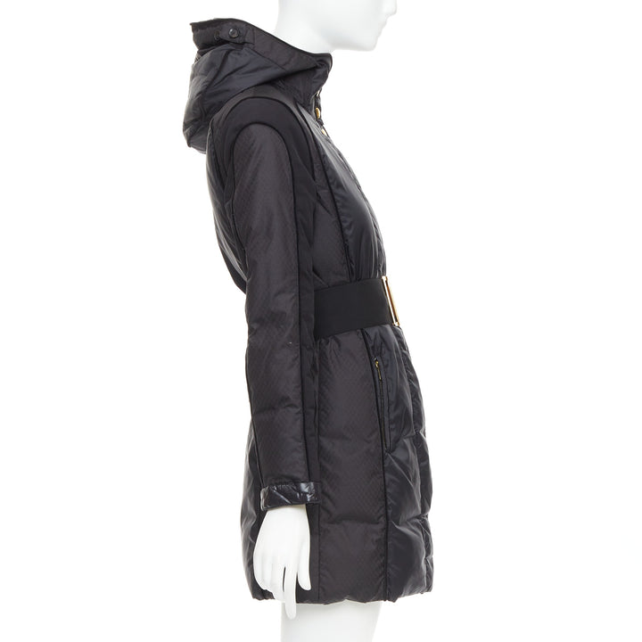 GUCCI 2009 black gold GG logo buckle belt long puffer coat IT38 XS