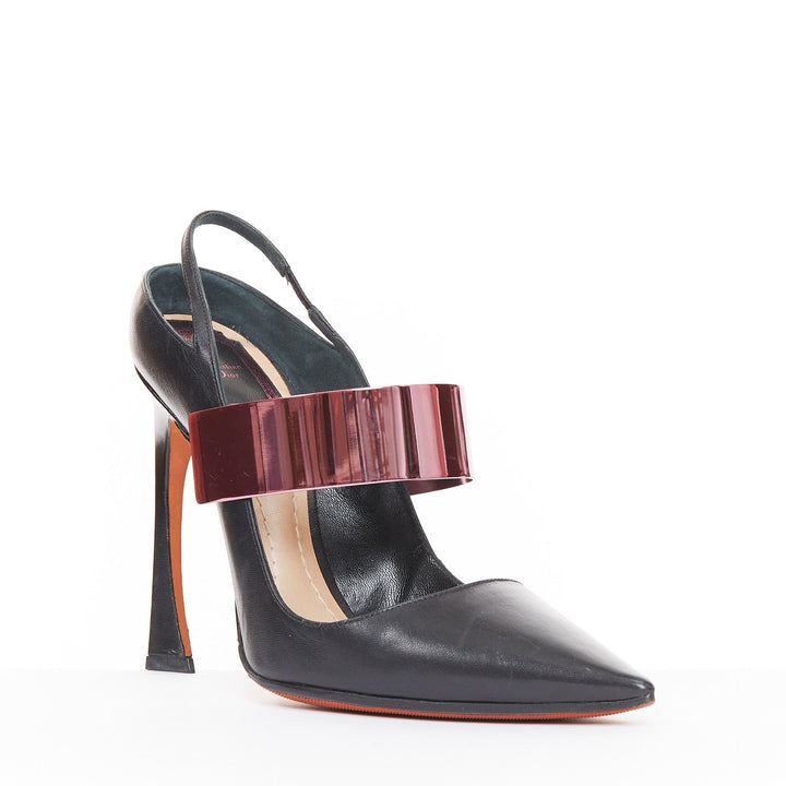 CHRISTIAN DIOR 2013 Runway black leather pink metallic band slingback pump EU37D