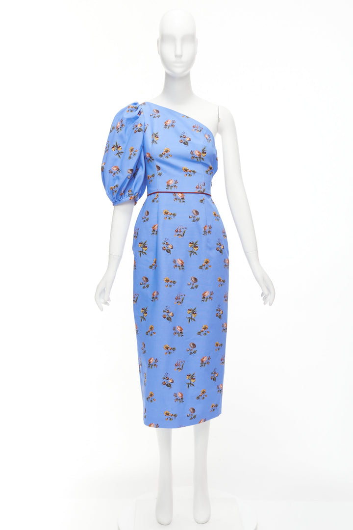 MARKARIAN Laurel blue cotton periwinkle floral print one shoulder dress US0