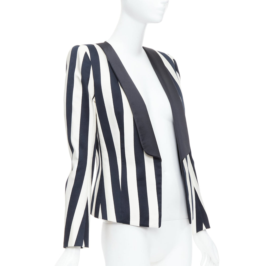 BALMAIN black white cotton blend bold striped power shoulder blazer FR38 M