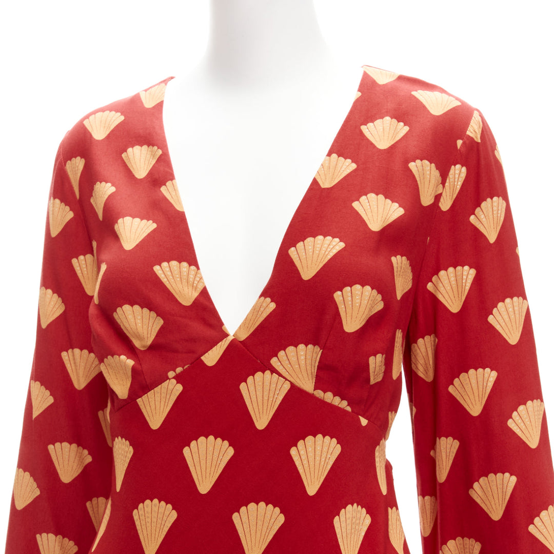 RIXO red gold oriental fan print V neck  flare sleeves short dress S