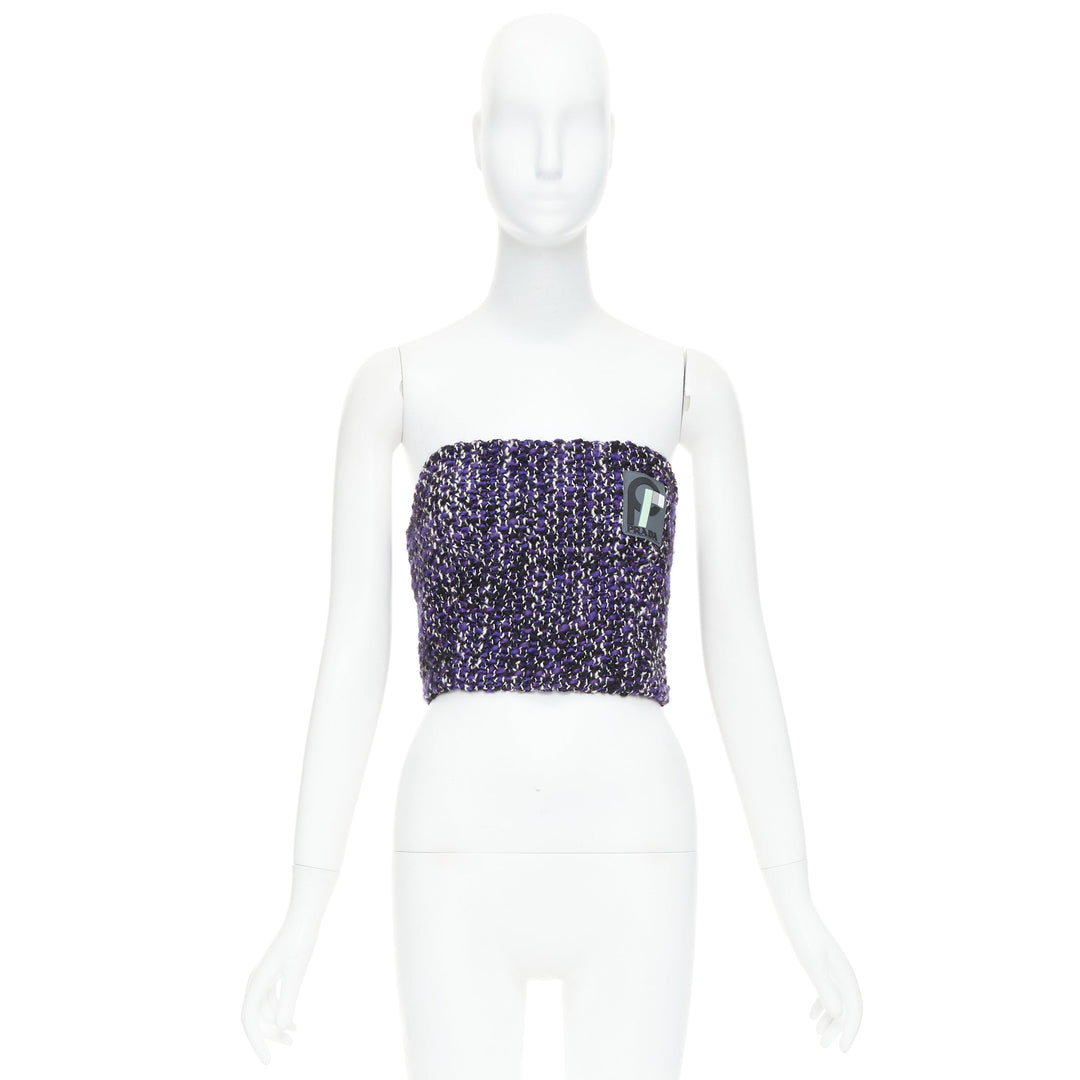 PRADA 2018 Runway purple wool tweed rubber badge strapless bustier tube IT40 S