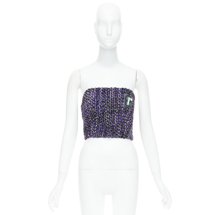 PRADA 2018 Runway purple wool tweed rubber badge strapless bustier tube IT40 S