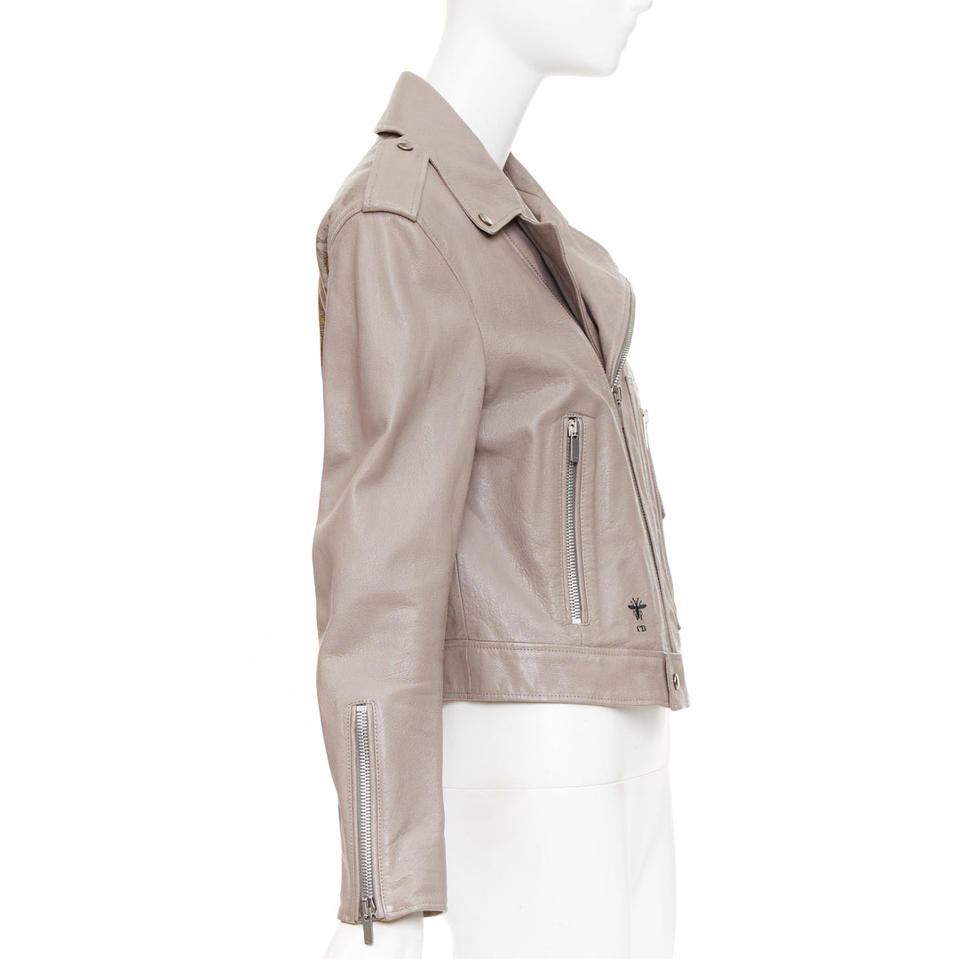 CHRISTIAN DIOR beige goat leather handpainted Phoenix zipped biker jacket FR38 M