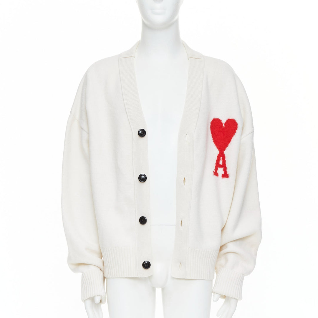 AMI De Coeur cream virgin wool heart logo buttoned cardigan XL