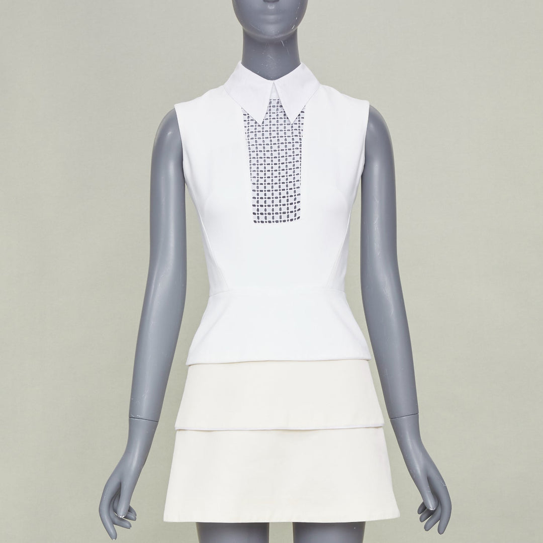 VICTORIA BECKHAM ivory cotton blend lattice bib tiered short mini dress UK6 XS