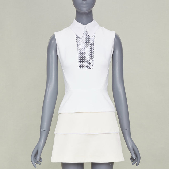 VICTORIA BECKHAM ivory cotton blend lattice bib tiered short mini dress UK6 XS