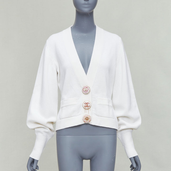 CHANEL 22A off white cashmere blend pink CC crystal buttons cardigan FR38 M