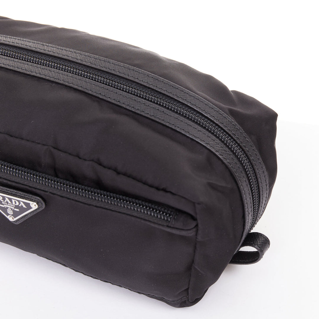 PRADA Re-Nylon saffiano leather  black silver triangle logo travel pouch case