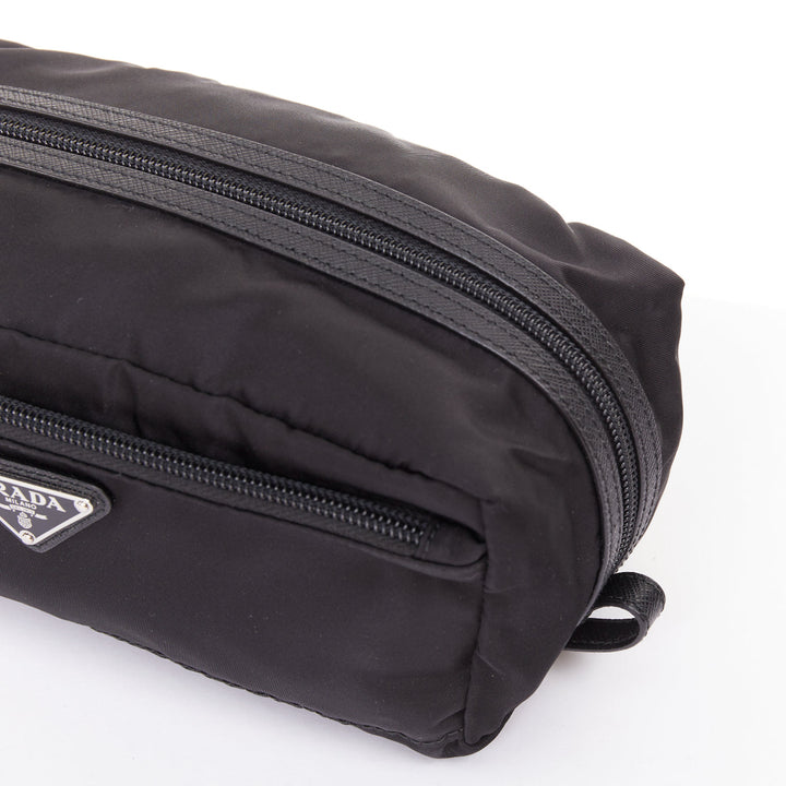 PRADA Re-Nylon saffiano leather  black silver triangle logo travel pouch case