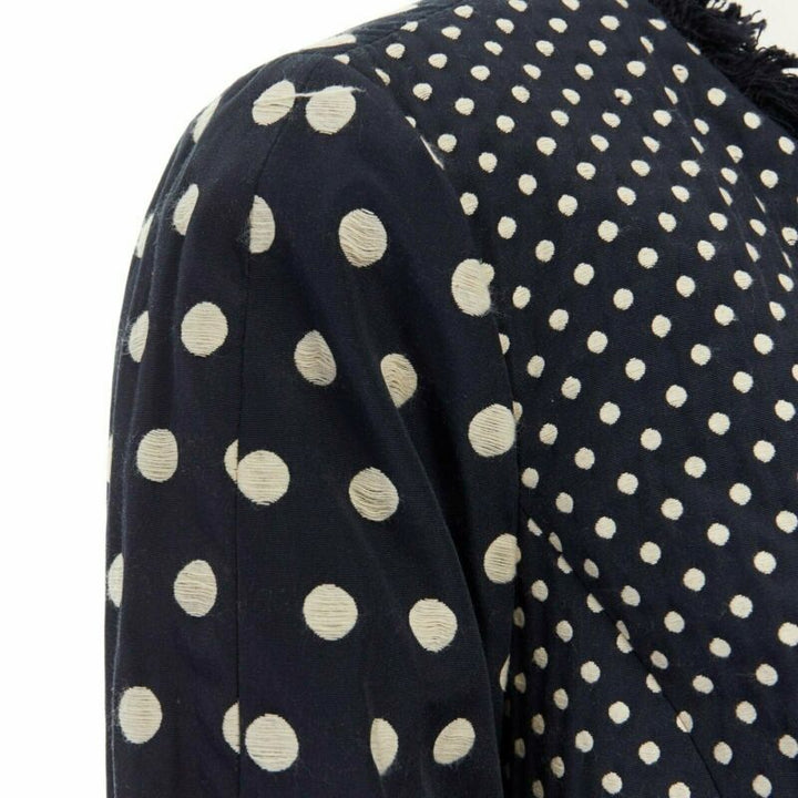 TORY BURCH navy blue white polka dot jacquard frayed trimmed coat US2 S