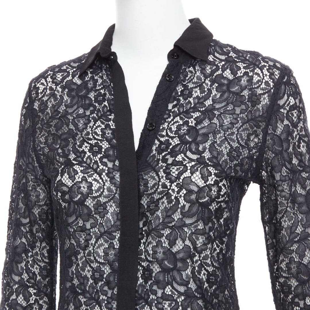 D&G DOLCE GABBANA Vintage black cotton silk floral lace sheer shirt IT38 XS