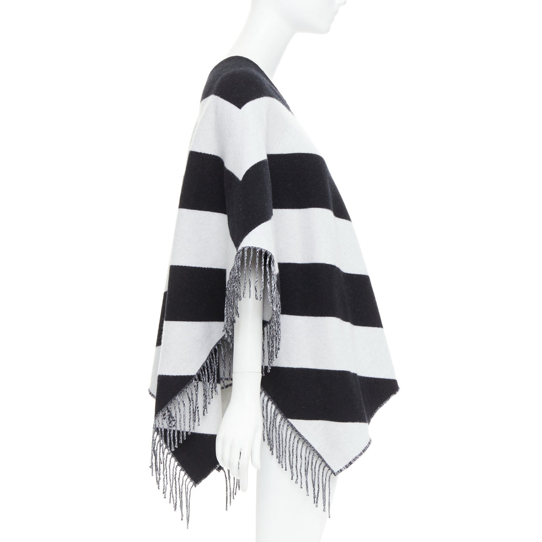 VALENTINO black white stripes logo double layer poncho scarf top
