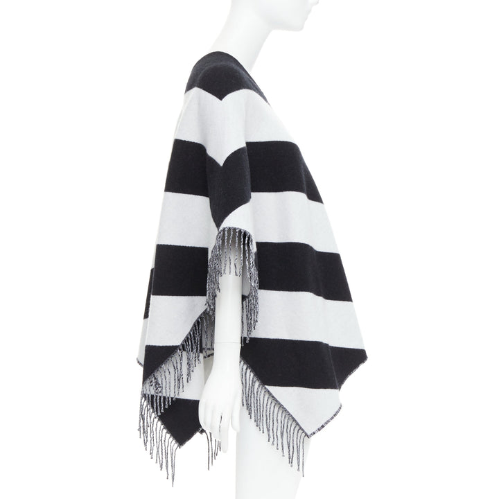 VALENTINO black white stripes logo double layer poncho scarf top