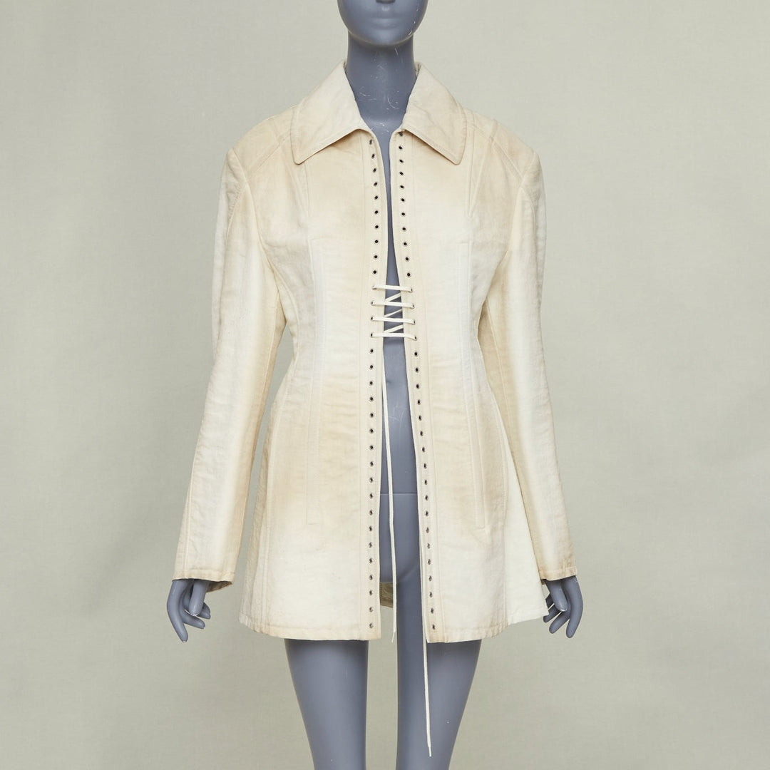 PRADA 2022 Runway Slub beige distressed canvas lace up corset jacket IT36 XXS
