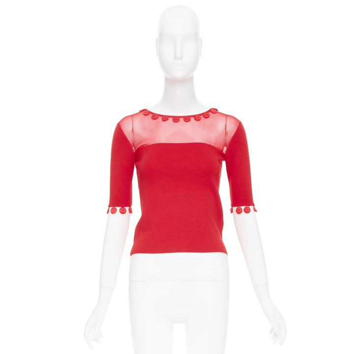 OSCAR DE LA RENTA 2019 red wool silk sheer tulle mesh yoke pom pom button top
